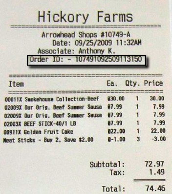 Hickory Farms Sales Receipt